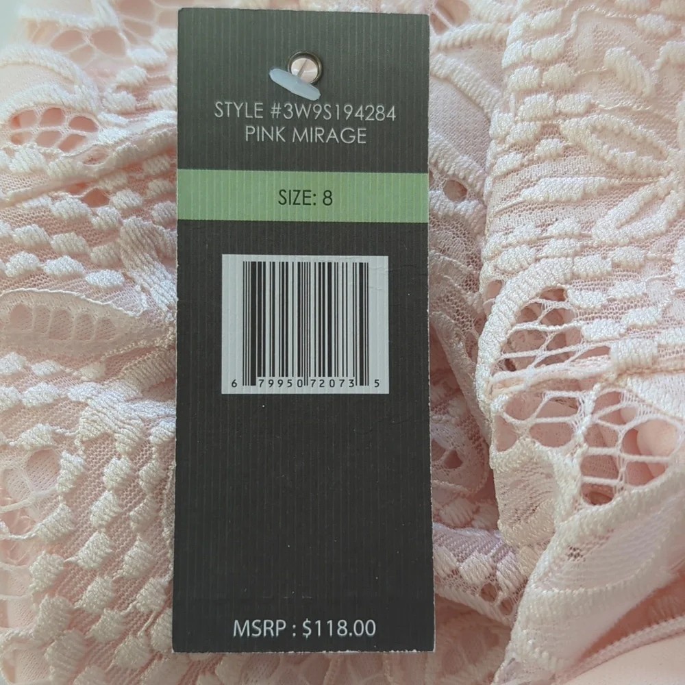 NWT Sharagano NY Azalea Faux Wrap Floral Lace Scalloped Midi Dress 8 Pink Mirage - Picture 3 of 16